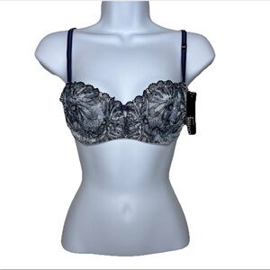 Felina Ellie Embroidery Mesh Lined Bra 32C Blue Demi Adjustable Strap Mob Wife